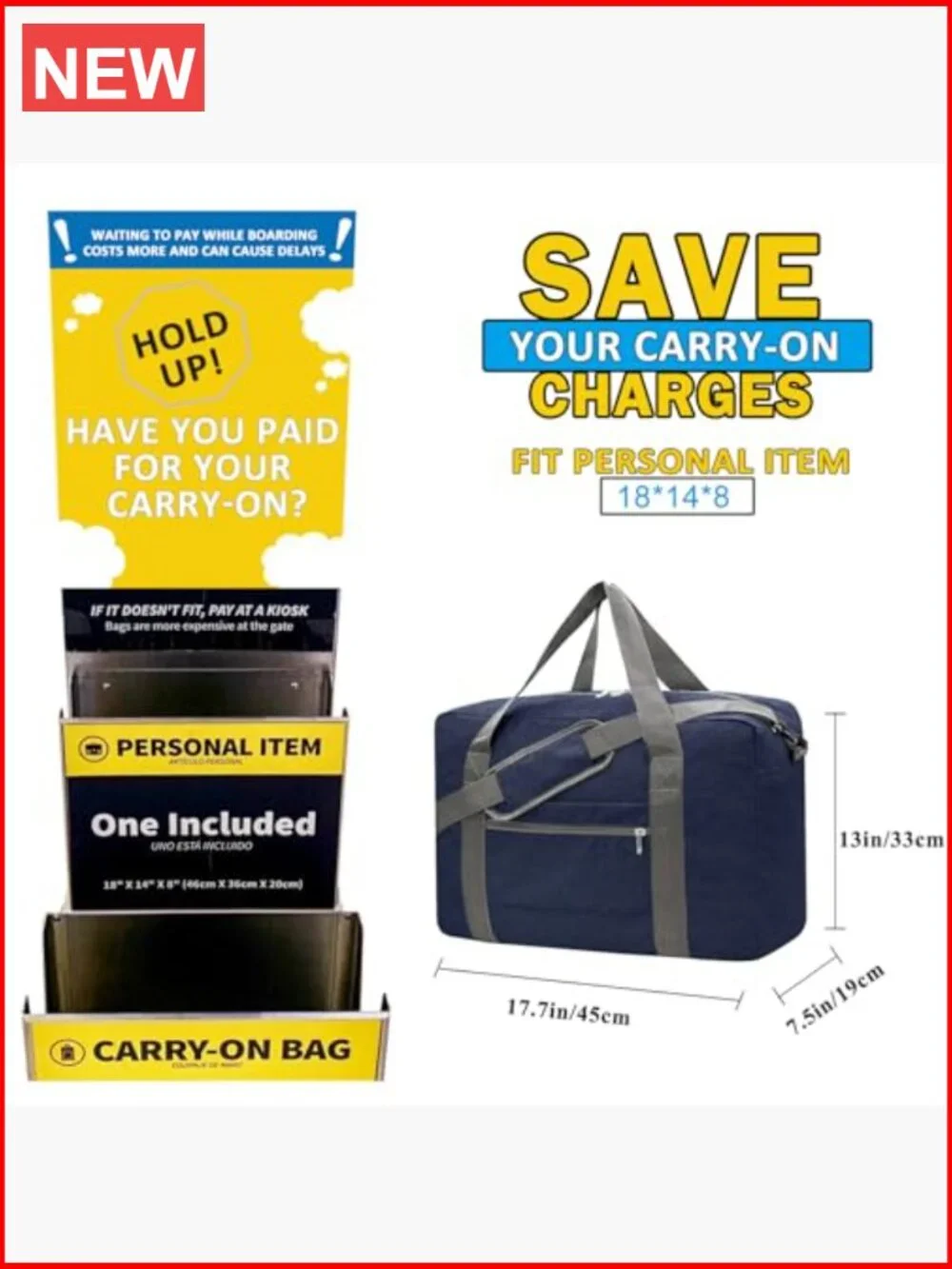 Foldable Travel Duffel Bag Carry On for Airplanes Personal Item 18x14x8
